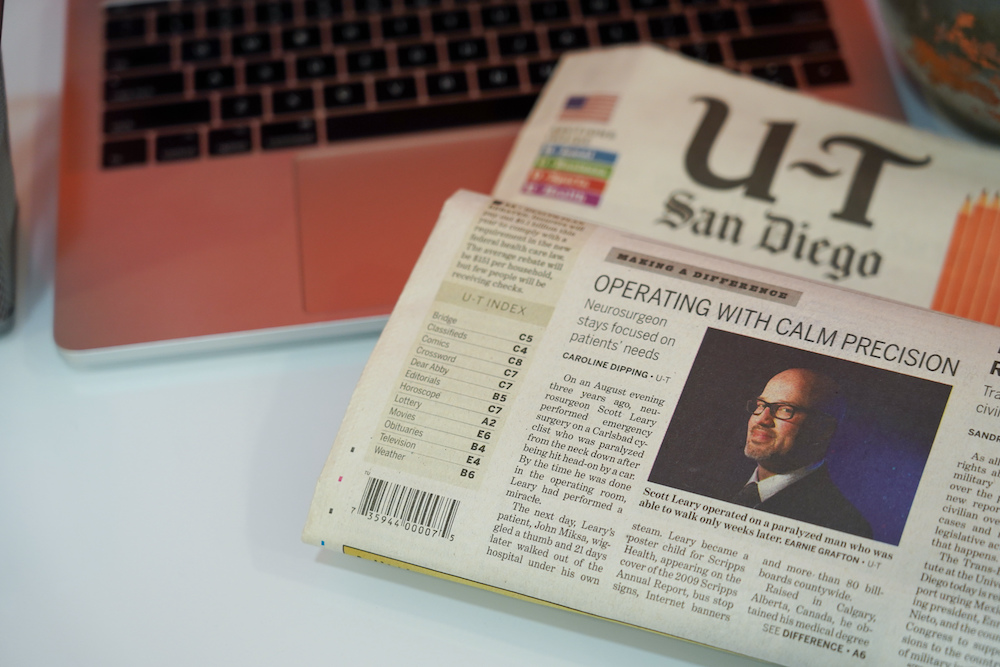 The San Diego Union Tribune newspaper article with Dr. Scott Leary